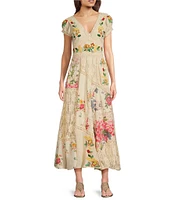 Reba Paige Patchwork Floral V-Neck Cap Sleeve A-Line Maxi Dress