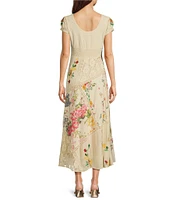 Reba Paige Patchwork Floral V-Neck Cap Sleeve A-Line Maxi Dress