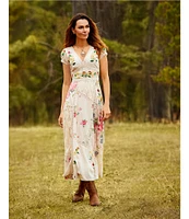 Reba Paige Patchwork Floral V-Neck Cap Sleeve A-Line Maxi Dress