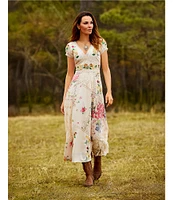 Reba Paige Patchwork Floral V-Neck Cap Sleeve A-Line Maxi Dress
