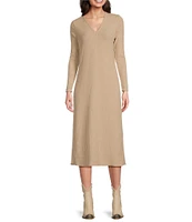 Reba Ribbed Knit V-Neck Long Sleeve Sheath Midi Dress