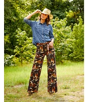 Reba Rodeo Cowboy Print Denim Twill High Rise Wide Leg Denim Jean