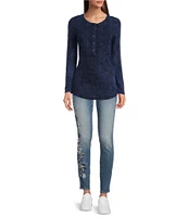 Reba Sadie Mix Media Henley Neck Long Sleeve Mineral Wash Shirt