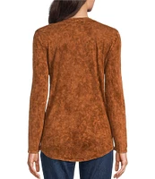 Reba Sadie Mix Media Henley Neck Long Sleeve Mineral Wash Shirt