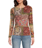 Reba Scoop Neck Patchwork Print Mesh Top