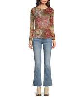 Reba Scoop Neck Patchwork Print Mesh Top