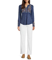 Reba Sedona Scoop Neck Long Sleeve Embroidered Henley Tee