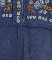 Reba Sedona Scoop Neck Long Sleeve Embroidered Henley Tee