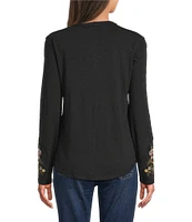 Reba Sedona Scoop Neck Long Sleeve Embroidered Henley Tee