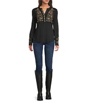 Reba Sedona Scoop Neck Long Sleeve Embroidered Henley Tee