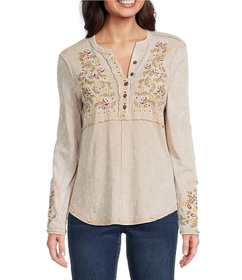 Reba Sedona Scoop Neck Long Sleeve Embroidered Henley Tee