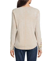 Reba Sedona Scoop Neck Long Sleeve Embroidered Henley Tee