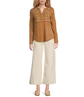 Reba Sedona Scoop Neck Long Sleeve Embroidered Henley Tee