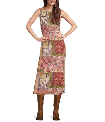 Reba Sleeveless Crew Neck Patchwork Print Mesh Midi Dress