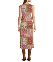 Reba Sleeveless Crew Neck Patchwork Print Mesh Midi Dress