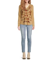 Reba Slub Jersey V-Neck Floral Embroidered Floral Vine Long Sleeve Shirttail Top