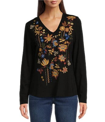 Reba Slub Jersey V-Neck Floral Embroidered Long Sleeve Shirttail Top