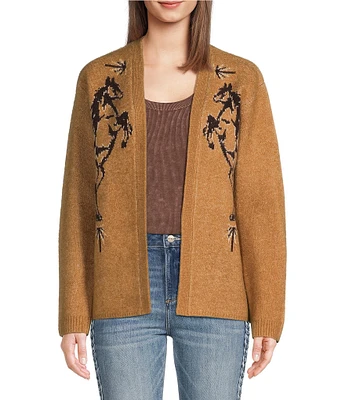 Reba Sweater Knit Jacquard Horse Open Front Long Sleeve Cardigan