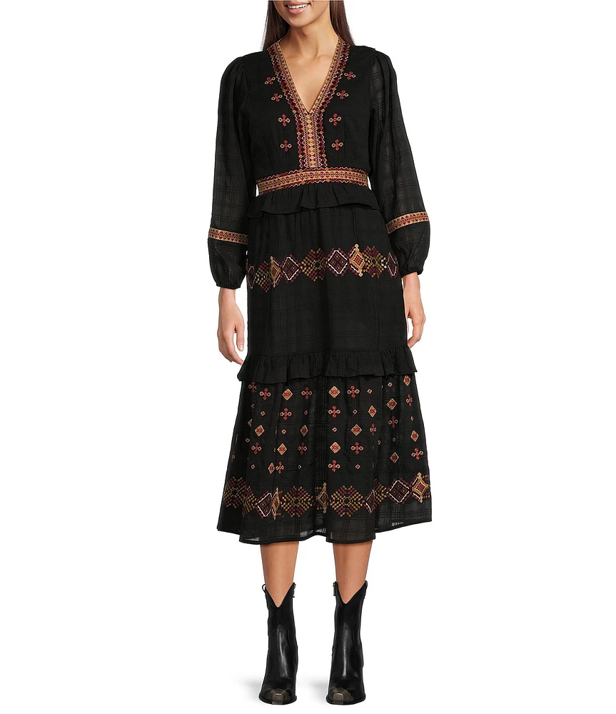 Reba Textured Voile Geometric Embroidery V-Neck Long Peasant Sleeve Tiered Hi-Low Flared Midi Dress