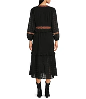 Reba Textured Voile Geometric Embroidery V-Neck Long Peasant Sleeve Tiered Hi-Low Flared Midi Dress