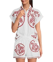 Reba Top Amber Textured Woven Coordinating Point Collar Short Sleeve Paisley Embroidered Top