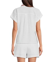 Reba Top Amber Textured Woven Coordinating Point Collar Short Sleeve Paisley Embroidered Top