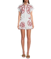 Reba Top Amber Textured Woven Coordinating Point Collar Short Sleeve Paisley Embroidered Top