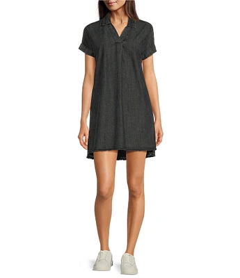 Reba V-Neck Short Cap Sleeve Frayed Hem Chambray Shift Dress