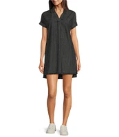 Reba V-Neck Short Cap Sleeve Frayed Hem Chambray Shift Dress