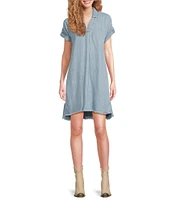 Reba V-Neck Short Cap Sleeve Frayed Hem Chambray Shift Dress