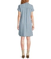 Reba V-Neck Short Cap Sleeve Frayed Hem Chambray Shift Dress