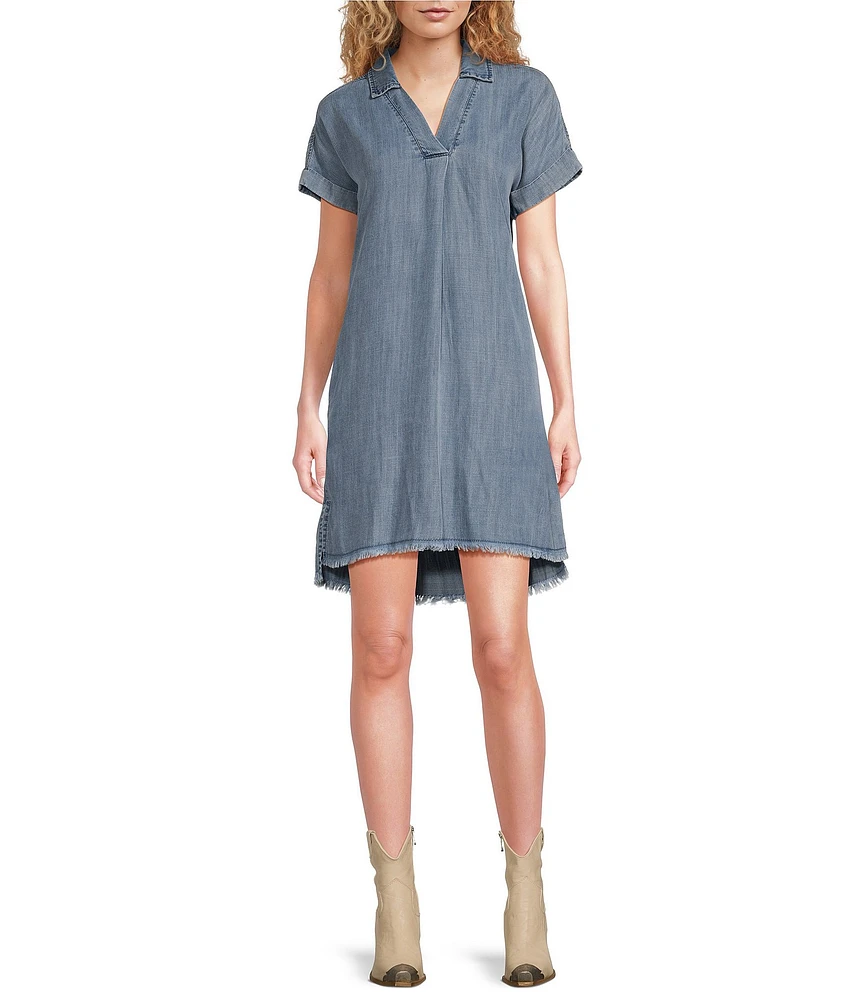 Reba V-Neck Short Cap Sleeve Frayed Hem Chambray Shift Dress