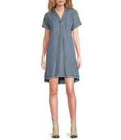 Reba V-Neck Short Cap Sleeve Frayed Hem Chambray Shift Dress