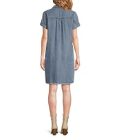 Reba V-Neck Short Cap Sleeve Frayed Hem Chambray Shift Dress