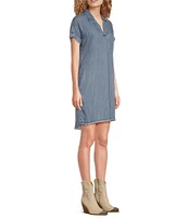 Reba V-Neck Short Cap Sleeve Frayed Hem Chambray Shift Dress