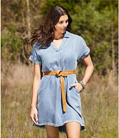 Reba V-Neck Short Cap Sleeve Frayed Hem Chambray Shift Dress