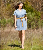 Reba V-Neck Short Cap Sleeve Frayed Hem Chambray Shift Dress