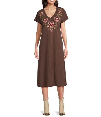 Reba V-Neck Short Sleeve Floral Embroidered Knit Shift Midi Dress