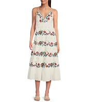 Reba V-Neck Sleeveless Floral Embroidered Tiered A-Line Dress