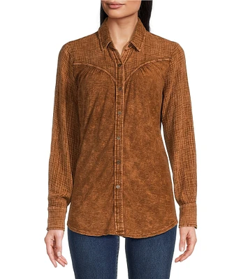 Reba Woven Knit Embroidered Point Collar Long Sleeve Shirttail Button Down Top