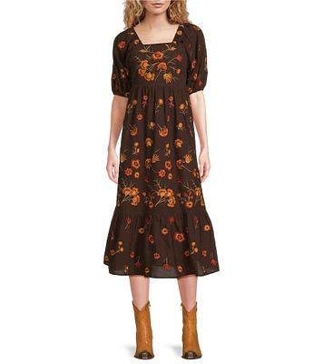 Reba Woven Mesh Floral Embroidered Sqaure Neck 3/4#double; Puff Sleeve Tiered A-Line Midi Dress