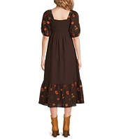 Reba Woven Mesh Floral Embroidered Sqaure Neck 3/4#double; Puff Sleeve Tiered A-Line Midi Dress