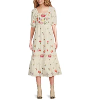 Reba Woven Mesh Floral Embroidery Square Neck 3/4 Puff Sleeve Tiered A-Line Midi Dress