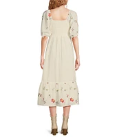 Reba Woven Mesh Floral Embroidery Square Neck 3/4 Puff Sleeve Tiered A-Line Midi Dress