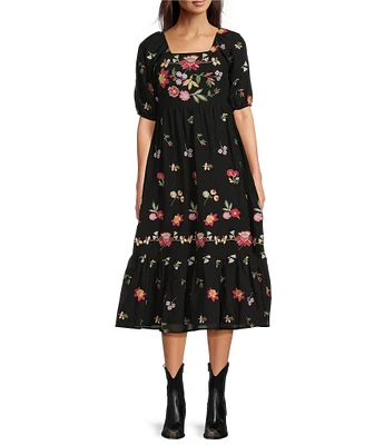 Reba Woven Mesh Floral Embroidery Square Neck 3/4 Puff Sleeve Tiered A-Line Midi Dress