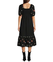 Reba Woven Mesh Floral Embroidery Square Neck 3/4 Puff Sleeve Tiered A-Line Midi Dress