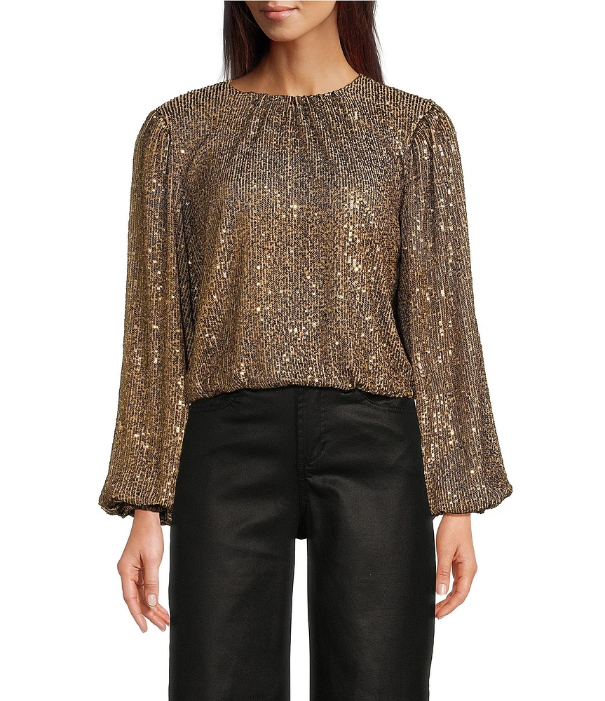 Reba Woven Mesh Sequin Ruched Crew Neck Long Peasant Sleeve Back Keyhole Blouse