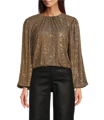 Reba Woven Mesh Sequin Ruched Crew Neck Long Peasant Sleeve Back Keyhole Blouse