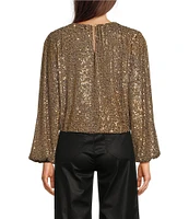 Reba Woven Mesh Sequin Ruched Crew Neck Long Peasant Sleeve Back Keyhole Blouse