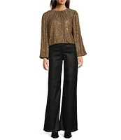 Reba Woven Mesh Sequin Ruched Crew Neck Long Peasant Sleeve Back Keyhole Blouse